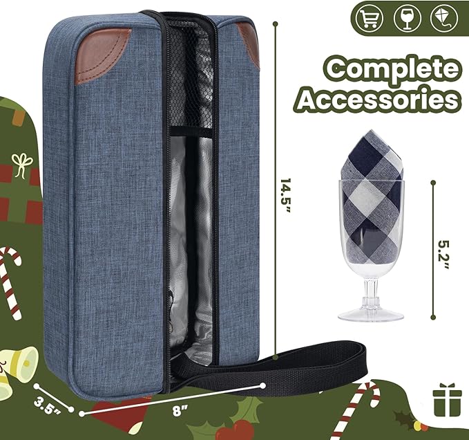 ALLCAMP Wine Bag - Insulated Cooler Bag with Wine Glasses, Bottle Opener & Wine Accessories for Wine Lovers - Portable Wine Gift Bag for Travel, Picnics, and Gift Ideas(Blue)-CubbioJoy