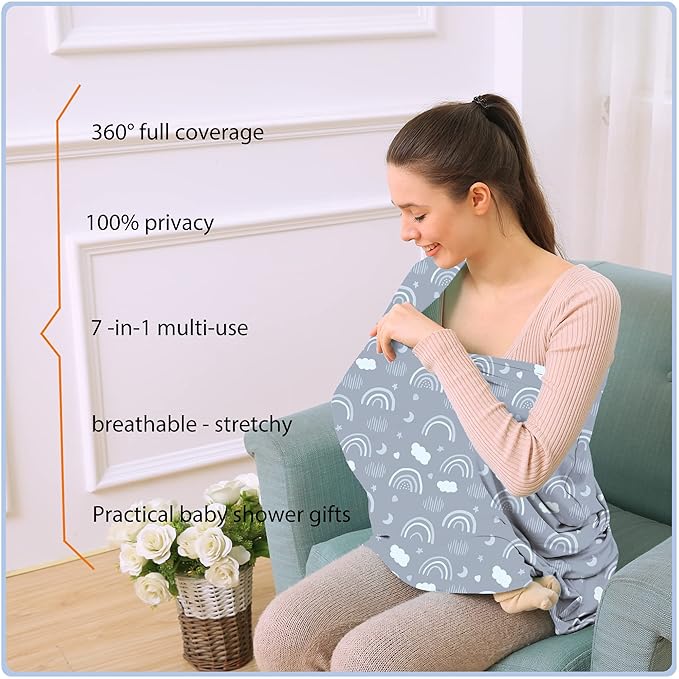 Car Seat Covers for Babies - Multi- use Nursing Carseat Canopy, Breastfeeding Covers, Baby Shower Gifts for Boys and Girls (Grey Rainbow)-CubbioJoy