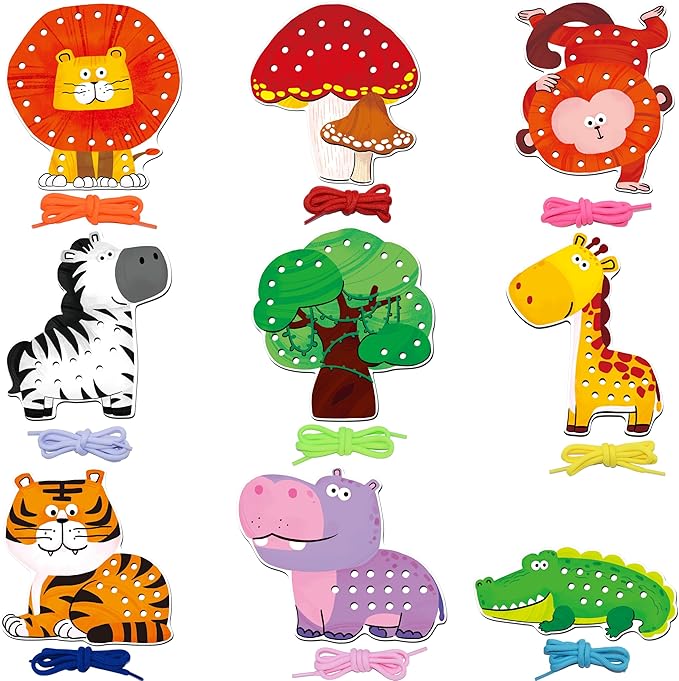 9 Pieces Lacing Cards, Double Sided Sewing Cards in 9 Jungle Animals with 9 Colorful Laces, Imagination Development Lacing Toys Games Educational and Learning Activity for Preschoolers, Kids-CubbioJoy