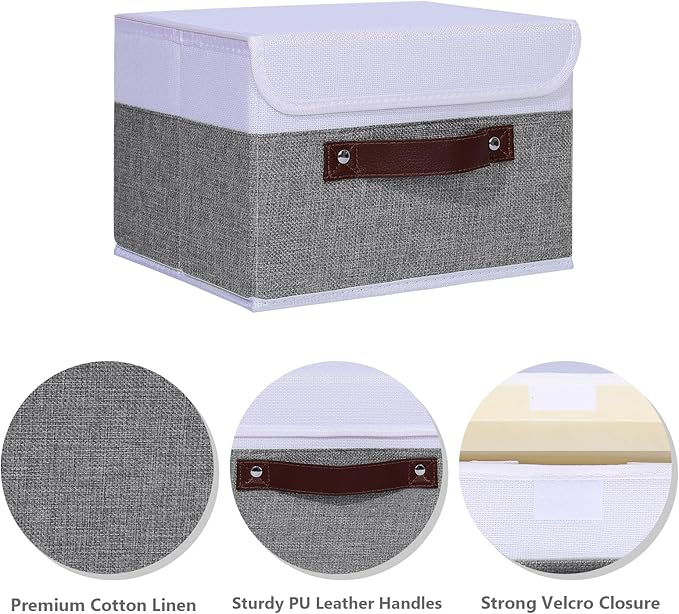 ANMINY 4PCS Storage Boxes with Lid Washable Decorative Storage Bins Basket with PU Leather Handle Foldable Linen Fabric Storage Cubes Containers for Home Closet Organizer - Gray White, Small Size-CubbioJoy
