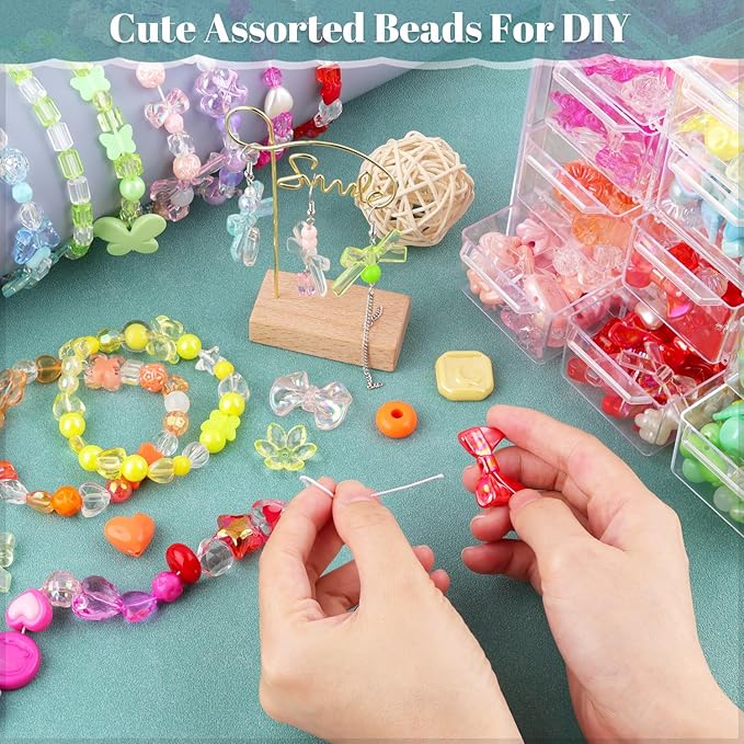 Assorted 180-240PCS Acrylic Beads for Bracelet Making, Bow Butterfly Candy Heart Gummy Bear Kawaii Aesthetic Bracelet Charms,Cute Beads for Jewelry Making DIY Necklace Keychain Phone Charm-CubbioJoy