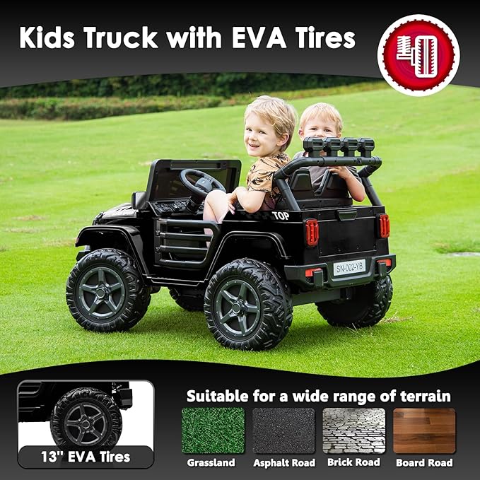 24V 2 Seater Ride On Truck with Remote Control 4WD Electric Car for Kids Ride On Car Battery Powered Ride On Toy Car with Music Player, LED Lights, Bluetooth, Rear Shock Absorber, Black-CubbioJoy