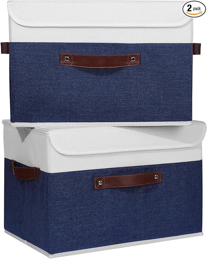 ANMINY 2PCS Storage Boxes with Lid Washable Decorative Storage Bin Basket with PU Leather Handle Foldable Linen Fabric Storage Cube Container for Home Closet Organizer - Deep Blue White, Large Size-CubbioJoy