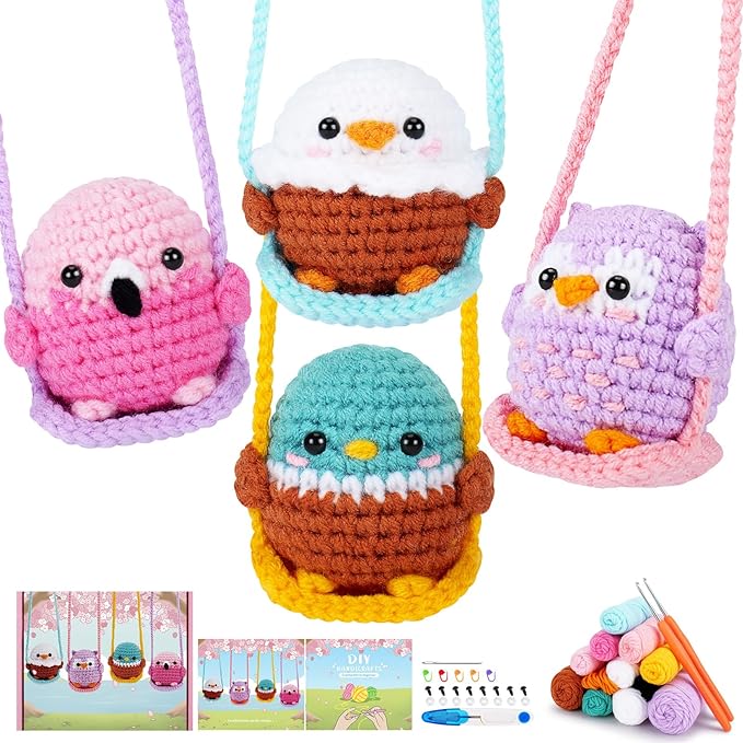 Crochet Kit for Beginners -4 PCS Bird Crochet Kits with Step-by-Step Video Tutorials, Beginner Crochet Kit for Adults and Kids, Crochet Birds On The Swings(Mallard Bald Eagle Flamingo Owl)-CubbioJoy