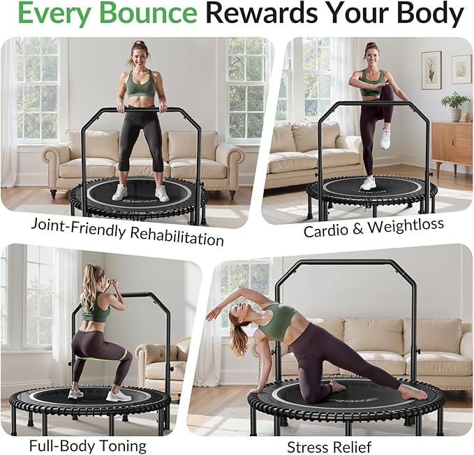 BCAN 40"/48" Mini Rebounder Trampoline for Adults with Bar, 450/550LBS Fitness Trampoline with Bungees, Adjustable Handle, Stable & Quiet, Indoor Outdoor, Whole-Body Workout & Relaxation at Home-CubbioJoy