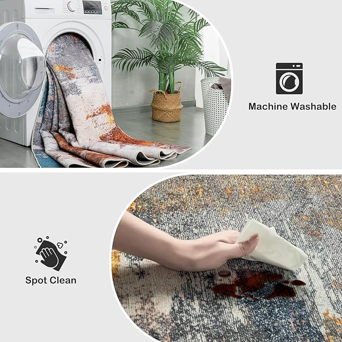 Kelarea Living Room Rug, 8x10 Rug Modern Abstract Washable Rugs Grey Faux Wool Vintage Carpets, Non Slip Rugs for Bedroom, Dining Room, College Dorm, Kids Playroom, Home Office-CubbioJoy