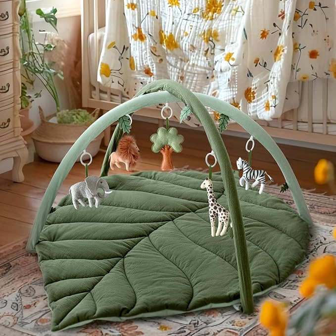 Baby Play Gym with Mat Leaf Shaped, Baby Play Mat with 6 Hanging Toys Tummy Time Mat, Baby Gym Activity Center, Washable (Green)-CubbioJoy