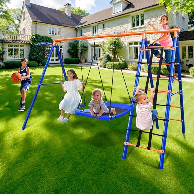 5-in-1 Heavy-Duty Metal Swing Set for Backyard - 500lb Capacity Outdoor Playset with Basketball Hoop & Climbing Rope-CubbioJoy