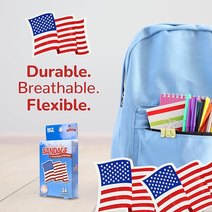 BioSwiss Bandages, American Flag Shaped Self Adhesive Bandage, Latex Free Wound Care, Fun First Aid Kit Supplies for Kids and Adults, 24 Count-CubbioJoy