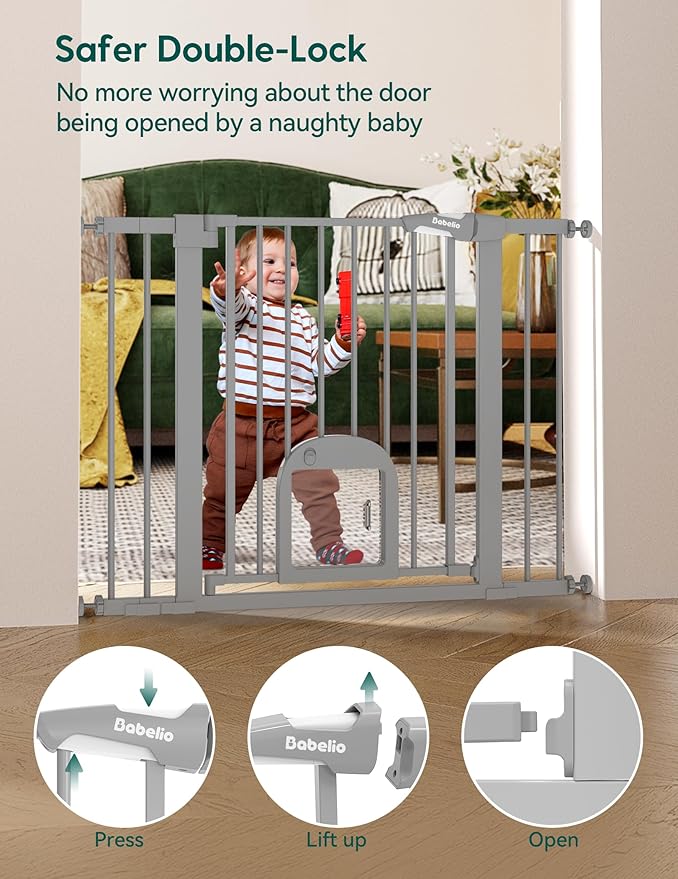 Babelio Baby Gate with Adjustable Cat Door,29-43" Auto Close Durable Pet Door for Stairs,Doorways and House, Pressure Mounted,Easy Install,Effortless Walk Thru,Gray-CubbioJoy