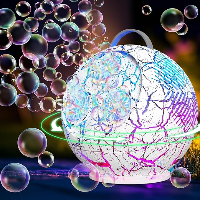 Bubble Machine Automatic Bubble Blower for Kids Toddlers Rechargeable Portable Spherical LED Bubble Maker Electric Auto Rotating 45°/360° Outdoor Toy Birthday Party Wedding (Spherical Crackle White)-CubbioJoy