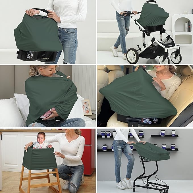 Breathable Car Seat Cover for Babies – Multi-Purpose Soft Rayon Nursing Cover for Breastfeeding, High Stretchy Infant Carseat Canopy, Stroller Cover (Smooth Rayon, Roman Green)-CubbioJoy