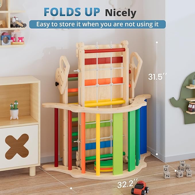 BlueWood 10-in-1 Pikler Triangle Set, Toddler Climbing Toys Indoor, Montessori Climber, Baby Jungle Gyms with Arch, Extra Rope Ladder & Footprint Balance Beam - Neon Aurora-CubbioJoy