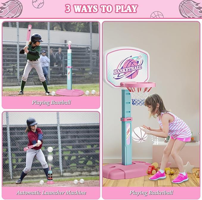 3 in 1 Basketball Hoop and Tee Ball Set for Girls: Baseball Tee with Automatic Pitching Machine Adjustable Height Outdoor and Indoor Sports Toys Christmas Birthday Gift for Kids Age 1-8 Year Old Pink-CubbioJoy