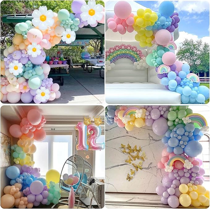5th Birthday Decorations Girl, Slmeno Daisy Pastel Balloon Arch Kit 219Pcs, 5 Year Old Girl Pastel Rainbow Party Decorations, with Happy Birthday Banner, Cake Toppers, Gold Butterfly Decoration-CubbioJoy