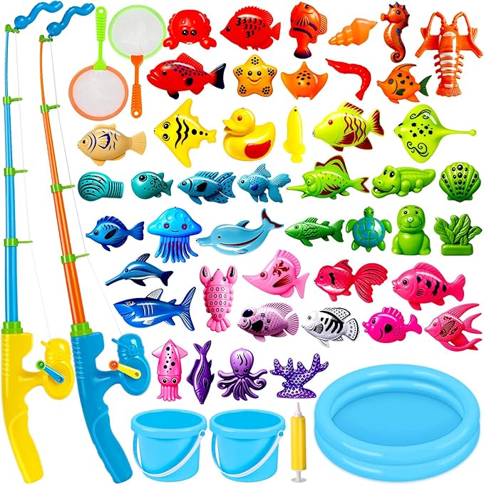 CozyBomB™ Magnetic Fishing Toys Game Set for Kids | Water Table Bathtub Kiddie Pool Party & Pole Rod Net, Plastic Floating Fish Toddler Color Ocean Sea Animals Birthday Age 3 4 5 6 Year-CubbioJoy