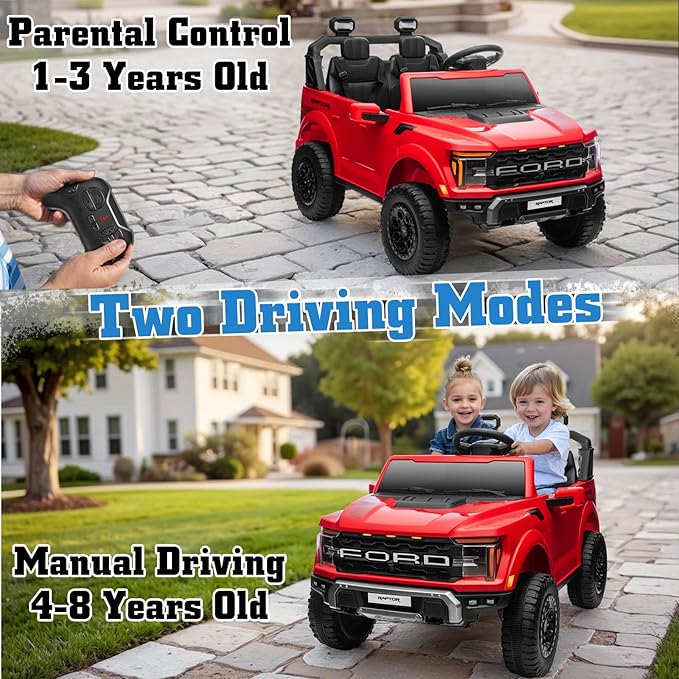 24V Ride on Car Licensed Ford F-150 Raptor, Kids Electric Car with Remote Control, LED Light/Music/MP3, Truck Bed Storage, 3-Point Seat Belt (24V, Red)-CubbioJoy