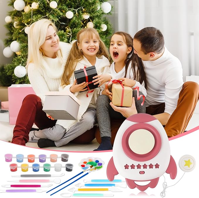 deAO Pottery Wheel for Kids Complete Painting Set for Beginners Mini Pottery Wheel Kit with Air Dry Clay Tools, Arts & Crafts Clay Wheel Toys Birthday Gifts for Girls Boys Age 3+ (Red)-CubbioJoy