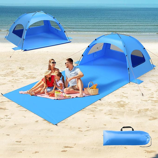 Beach Tent Sun Shelter with Extended Sand Mat 114×82inch，UPF 50+ Protection, 3 Double-Layer Windows for Enhanced Privacy; Portable Beach Shade, 3-4 People. Windproof and Waterproof-CubbioJoy