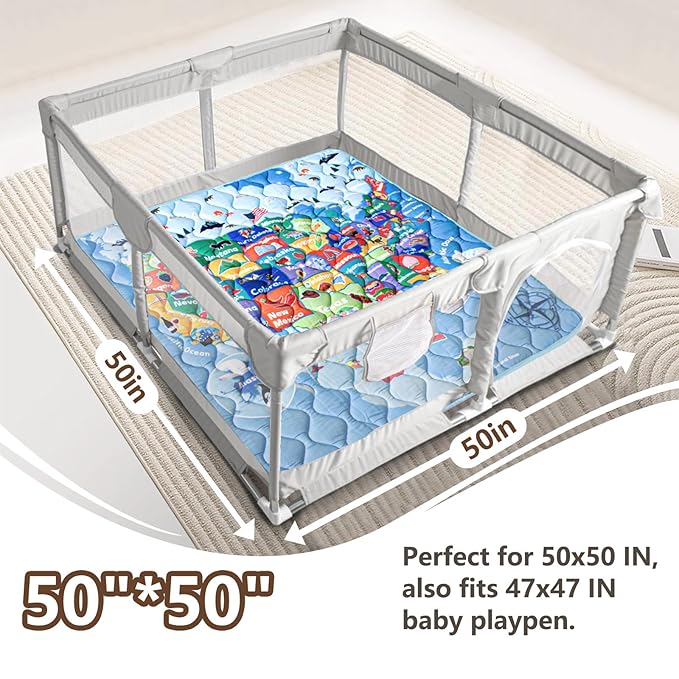 Baby Play Mat, 50x50 Playpen Mat with Super Soft Touch, Thick Activity Mat with Upgraded Anti-Slip Bottom, Machine Washable Crawling Mat for Floor & Picnic (Map)-CubbioJoy