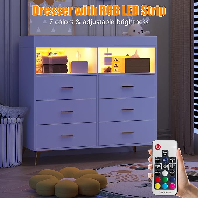 Changing Table Dresser with Drawers, Baby Dresser with Changing Table Top, Power Outlet, LED Light & Metal Feet, Diaper Changing Station Nursery Organizer for Infants Newborn, White-CubbioJoy