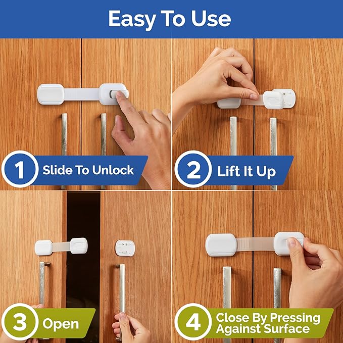 Child Safety Strap Locks (10 Pack) Baby Locks for Cabinets and Drawers, Toilet, Fridge & More. 3M Adhesive Pads. Easy Installation, No Drilling Required, White-CubbioJoy