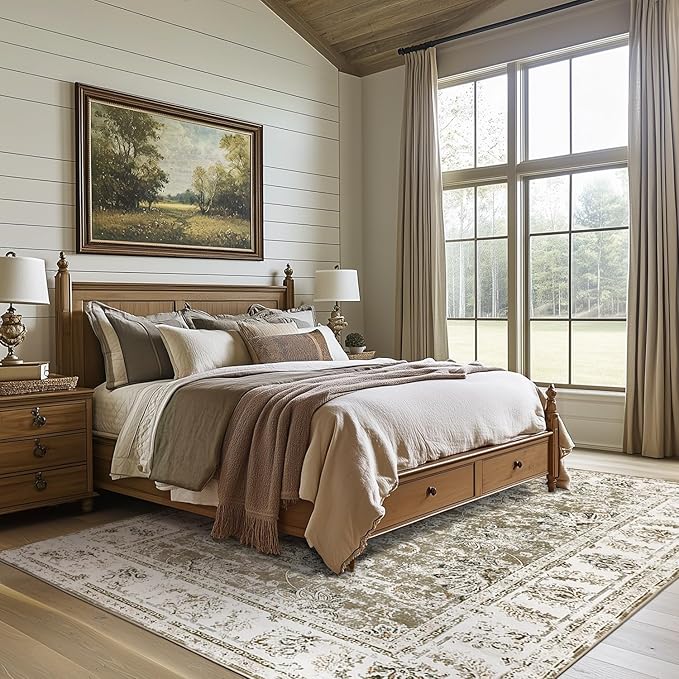 jinchan Washable Area Rug 8x10 for Living Room - Soft Faux Wool Ultra-Thin Stain Resistant Non-Slip Distressed Vintage Floral Large Carpet for Bedroom,Dining Room,Home Office,Nursery(Taupe, 8'x10')-CubbioJoy