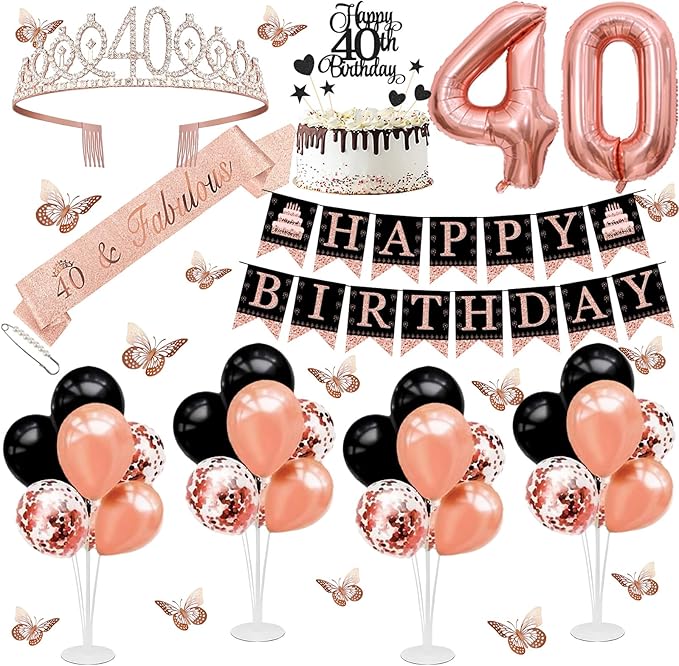 40th Birthday Decorations for Women - 56pcs Rose Gold Happy 40th Banner, 40th Birthday Crown Sash, Cake Topper, Number 40 balloons, 3D Butterflies, 4 Balloon Stands kits-CubbioJoy