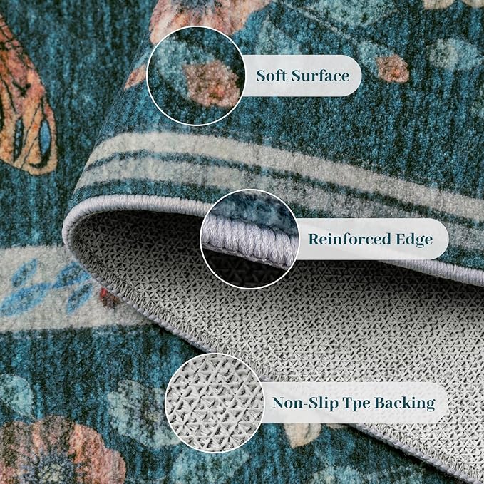 6x9 Rugs for Living Room with Insect Print - Bug Rug Non-Silp Stain Resistant Soft Carpet for Bedroom, Low Pile Ultra-Thin Machine Washable Carpet for Dining Room, Kids Nursery, Office (6'x9' Teal)-CubbioJoy