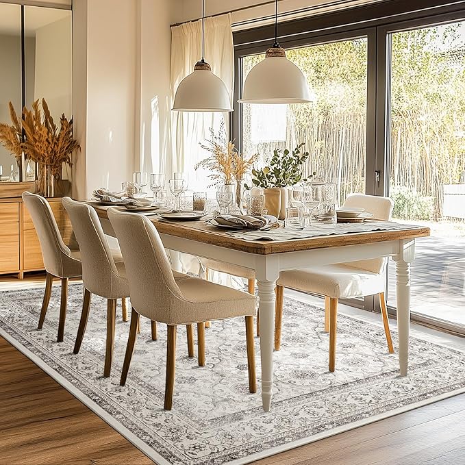 jinchan Floral 6x9 Area Rugs for Living Room - Machine Washable Vintage Distressed Boho Design Throw Rug Stain Resistant Carpet Low-Pile Thin Non-Slip for Bedroom Dining Room Nursery (6‘x9',Beige)-CubbioJoy