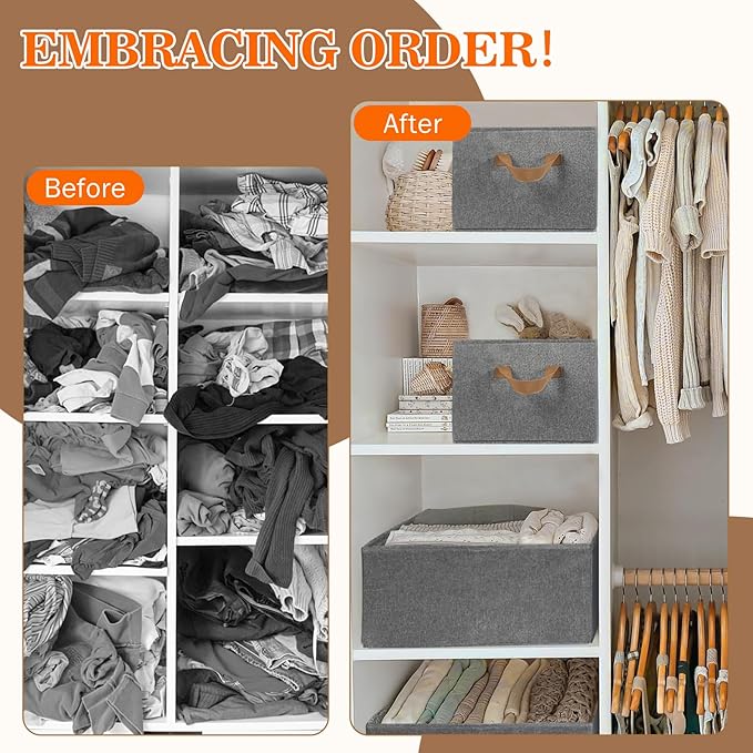 10 Pack Large Capacity Storage Bins, 25L Fabric Closet Organizer With Handles, Collapsible Baskets for Shelves, Clothing, Sheets, Books, Toys (Gray)-CubbioJoy