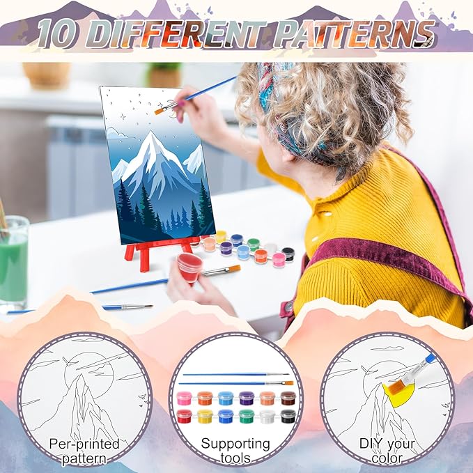 Blosssound 10 Set Pre Printed Canvas Pre Drawn Canvas Painting with Easel Kits 5" x 7" Outline Painting Panels for Beginners, DIY Craft Project, Party Favor, Home Decors(Sunset)-CubbioJoy