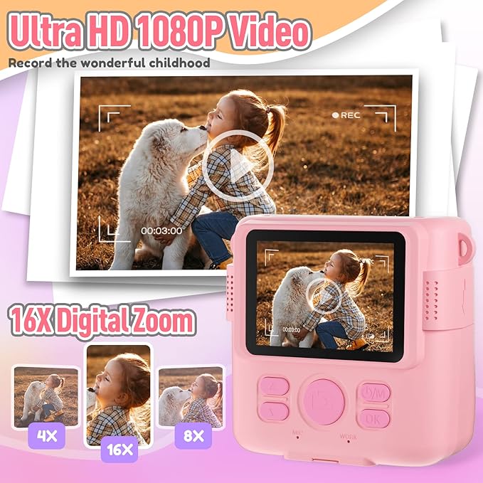 Instant Print Camera for Kids, Christmas Birthday Gifts Girls Boys Age 3-12, HD Digital Video Cameras Toddler, Portable Toy 3 4 5 6 7 8 9 10 Year Old Girl with 32GB SD Card-Pink-CubbioJoy