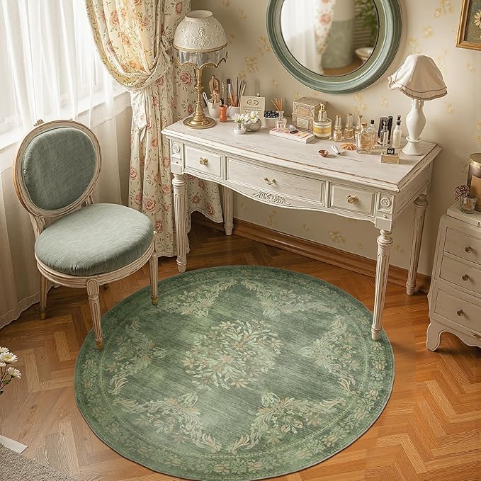 jinchan Round Rug 4ft Area Rugs Vintage Floral Distressed Design,Machine Washable Soft Non-Slip Low-Pile Ultra-Thin Circle Rug for Entryway Bedside Living Room Kitchen Nursery (4' Round,Dark Green)-CubbioJoy