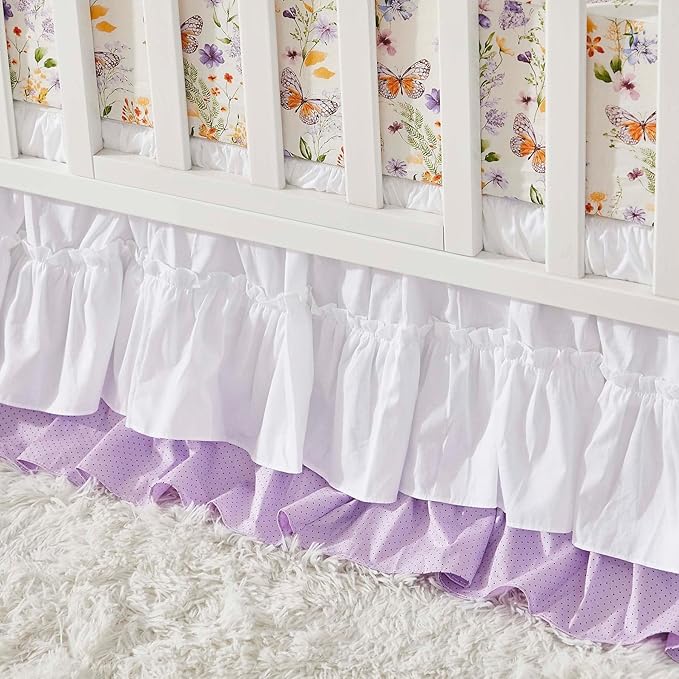 Brandream Wildflower Butterfly Crib Bedding Sets for Girls Nursery Set 3-Piece Farmhouse Quilt Comforter Set, Baby or Toddler Fitted Sheet, Double Crib Skirt, Cotton-CubbioJoy