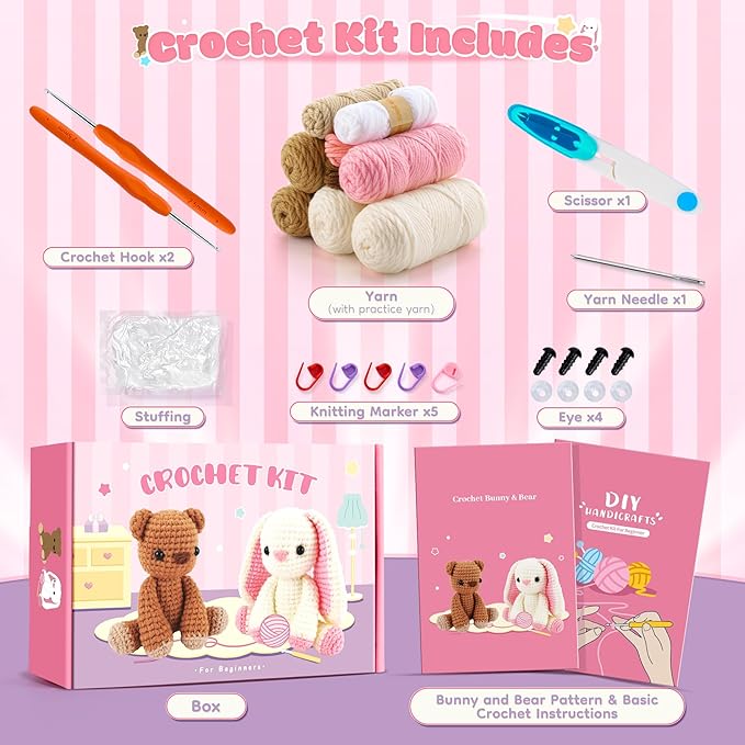 Crochet Kit for Beginners, Bunny and Bear Crochet Animal Kit with Step-by-Step Video Tutorials, Crocheting Kit for Starters, Beginner Crochet Kit for Kids and Adults, DIY Stuffed Animal Knitting Kit-CubbioJoy