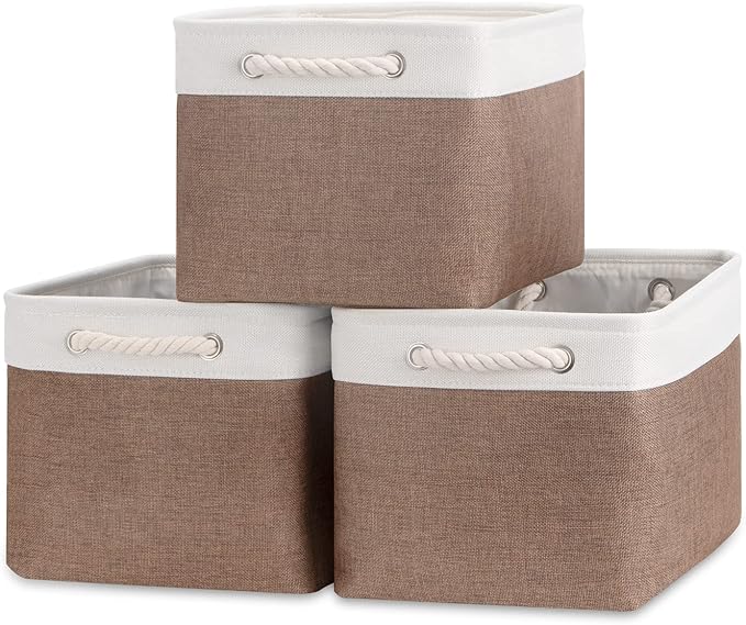 Bidtakay Baskets Fabric Storage Bins for Shelves [3-Pack] Decorative Storage Baskets for Organizing 15 X 11 X 9.5 inches Nursery Closet Foldable Toy Storage Closet Organizer Brown-CubbioJoy