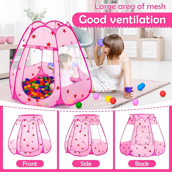Baby Ball Pit for Toddler with 150 Balls, Kids Pop Up Play Tent for Girls, Princess Toys for Children Indoor & Outdoor Playhouse with Carry Bag (Pink: 7 Bright Colors, 109x90cm/150 Balls)-CubbioJoy