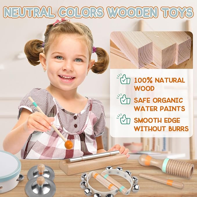 Baby Musical Instruments - Montessori Musical Toys for Toddlers 1-3, Wooden Percussion Instruments Set, Neutral Colors Modern Boho Music Toys for 1 Year Old, Kids Preschool Educational Birthday Gifts-CubbioJoy