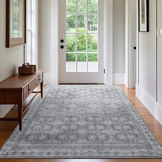 6x9 Washable Area Rug Non Slip, Faded Grey Living Room Rugs Low Pile, Thin Vintage Floral Carpets, Indoor Large Distressed Print Carpet for Bedroom Dining Room Farmhouse Home Office College Dorm-CubbioJoy