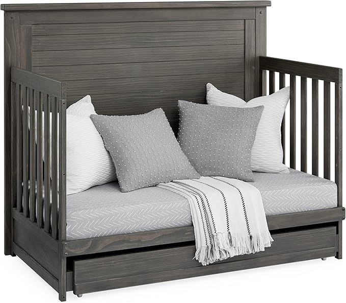 Delta Children Simmons Kids Caden 6-in-1 Convertible Crib with Trundle Drawer, Greenguard Gold Certified, Rustic Grey-CubbioJoy
