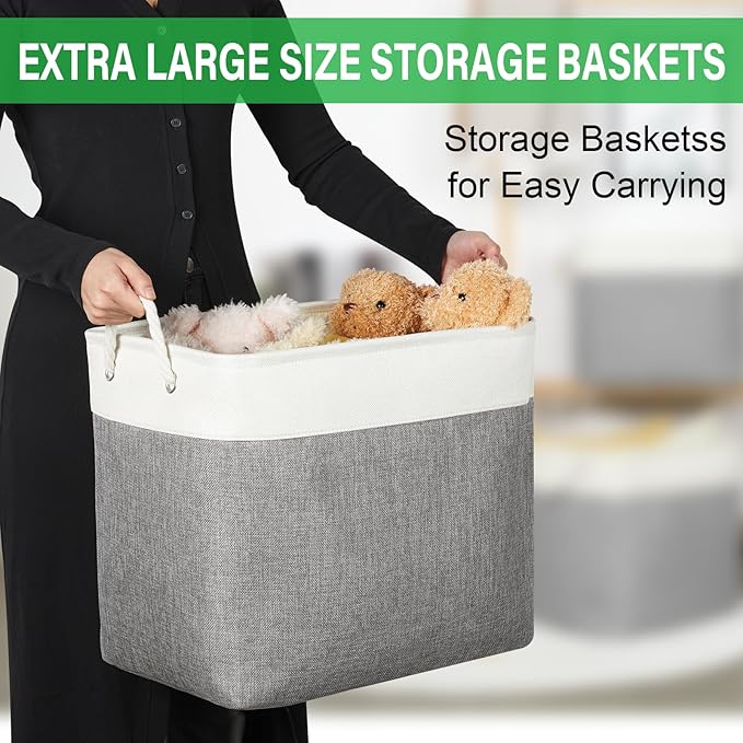 Bidtakay Extra Large Storage Baskets for Organizing 17x12x15.1 inch 3-Pack Fabric Closet Organizers Storage Bins with Handles Foldable Storage Baskets for Shelves Clothes XL-White&Grey-CubbioJoy