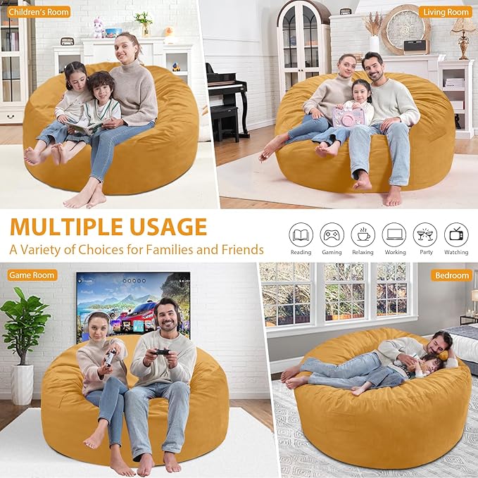 5FT Bean Bag Chair, Large Bean Bag Chairs with Memory Foam Filled, Fluffy Beanbag Sofa with Dutch Velvet Cover, Round BeanBag Chairs for Living Room, Playroom - Mustard-CubbioJoy