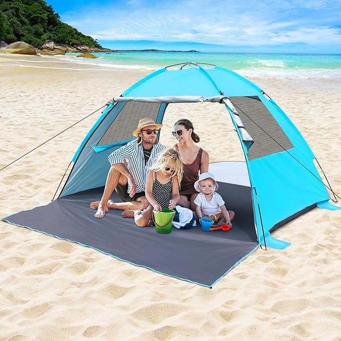 DLUCKY Beach Tent for 1/2/3/4/5/6 Person,Anti-UV Portable Sun Shade ShelterUPF 50+,Both Sides Extendable Floor,Extendable Awning,with 2 Ventilating Mesh Windows,Lightweight & Easy Setup.-CubbioJoy