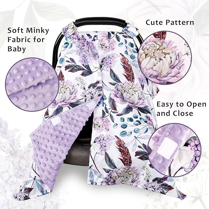 Car Seat Cover Baby, Infant Car Seat Canopy Covers for Newborn Girls Boys, Soft Breathable Mink Carseat Covers Stretchy Multi-Use Nursing Cover for Stroller Baby Car Seat, Purple Flroal-CubbioJoy