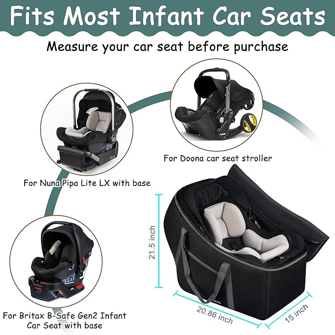 Infant Car Seat Travel Bag Fit Nuna Pipa All Model Car Seat and Base, Fit Doona Baby Stroller, Padded Car Seat Bags for Air Travel, Gate Check Bag with Side Pocket, 5 Protective Feet, Storage Bag-CubbioJoy