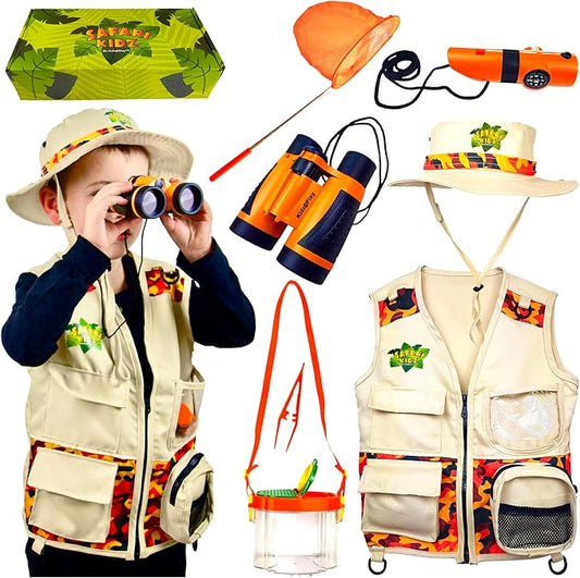 Bug Hunting Kit, Vest, Hat, Binoculars, Lg. Net, Bug Container, Whistle, Flashlight, Magnifier, Thermostat, Compass, Tweezers-CubbioJoy