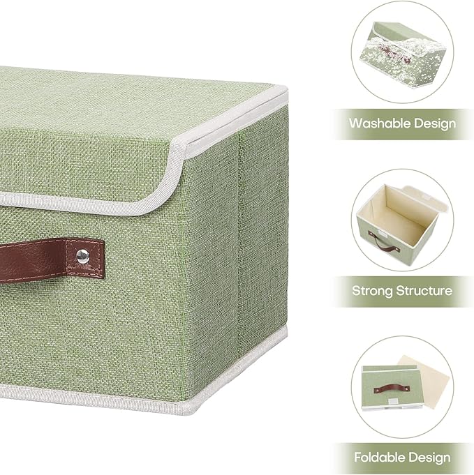 ANMINY 4PCS Storage Bins with Lid PU Leather Handles Storage Boxes PP Plastic Board Decorative Foldable Lidded Cotton Linen Fabric Home Cubes Baskets Closet Organizer Containers - Green, Small Size-CubbioJoy
