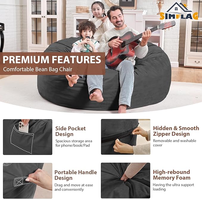 4FT Bean Bag Chair, Large Bean Bag Chairs with Memory Foam Filled, Fluffy Beanbag Sofa with Dutch Velvet Cover, Round BeanBag Chairs for Living Room, Playroom - Grey-CubbioJoy