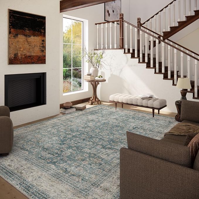 Area Rugs 9x12 Living Room: Washable Rugs for Bedroom Vintage Stain Resistant Non Slip Low Pile Large Boho Carpet for Kitchen Dining Room Farmhouse Kids Room Nursery-CubbioJoy